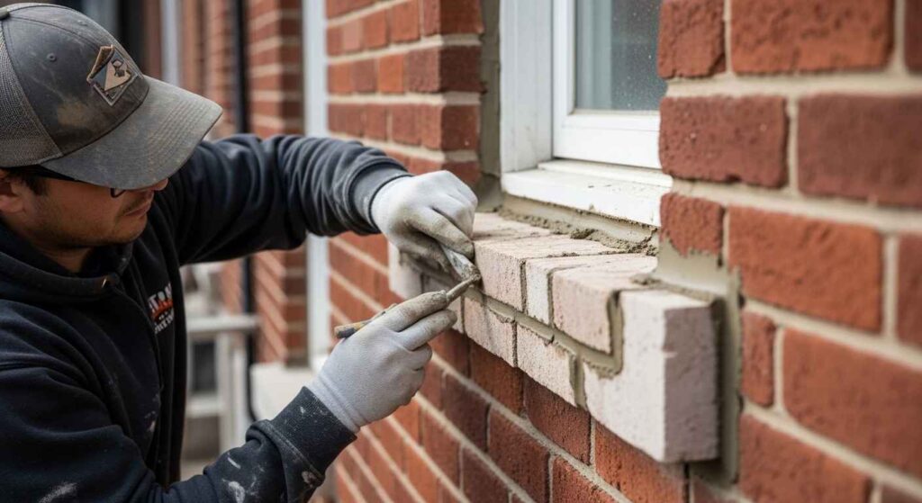 Rejointoiement de brique à Montréal par briqueteur maçon appliquant un mortier compatible sur une façade résidentielle en brique rouge.