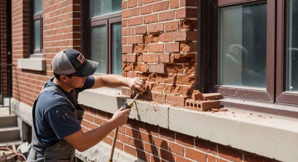 Maçon réparant des briques écaillées sur une façade résidentielle en brique rouge à Montréal causée par le gel et dégel.
