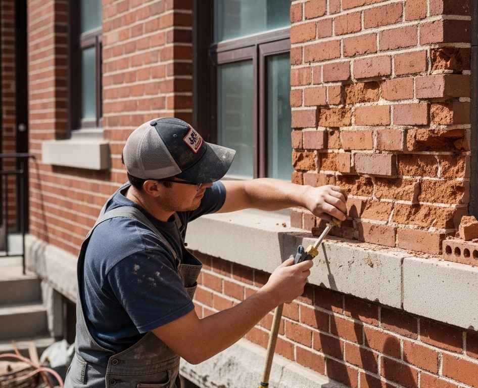Maçon réparant des briques écaillées sur une façade résidentielle en brique rouge à Montréal causée par le gel et dégel.