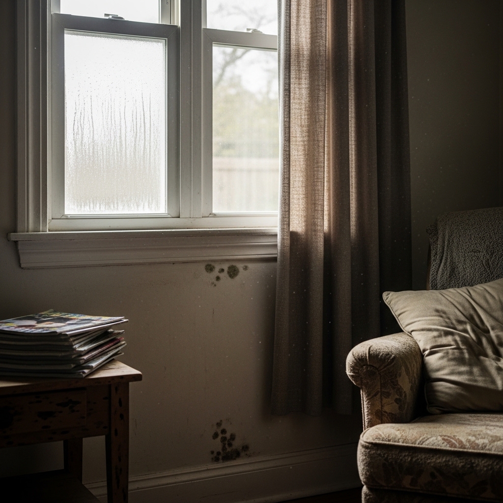 Mold and humidity damage on interior wall near window