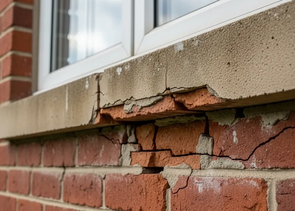 Cracked brick and facade damage near window opening