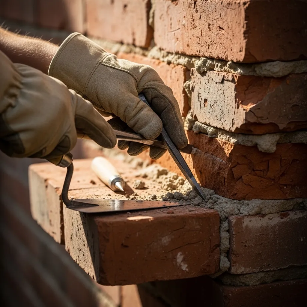 Mason performing targeted brick repair on facade