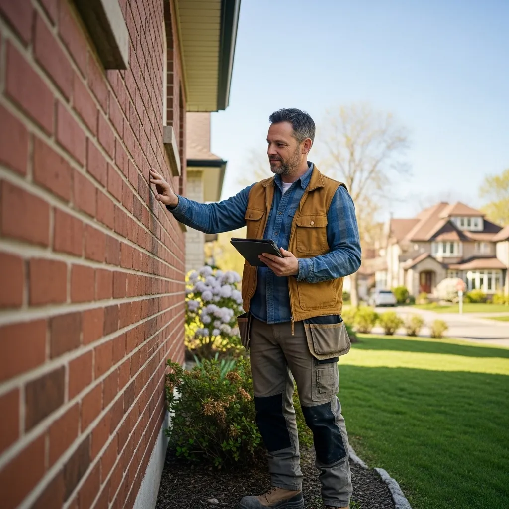 Masonry professional inspecting brick wall condition for repointing assessment