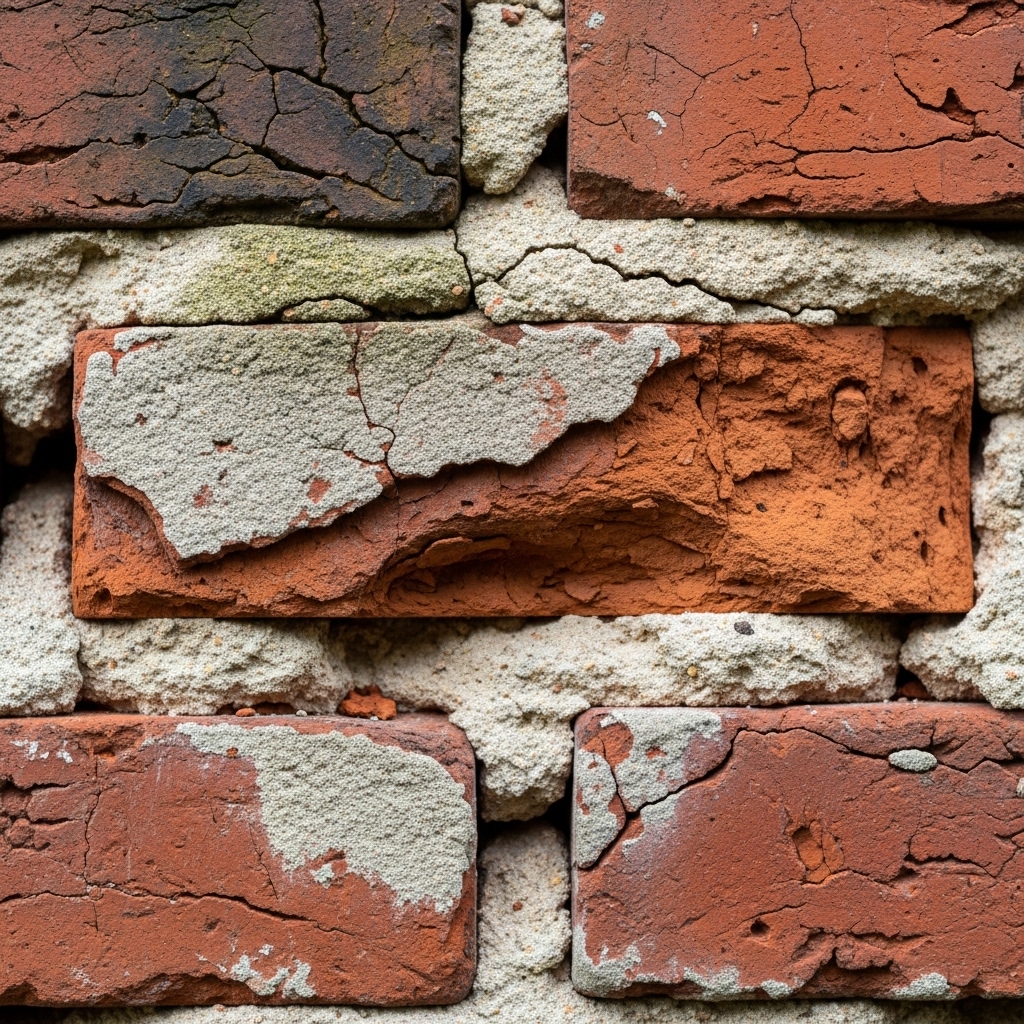 Close-up of crumbling mortar joints and gaps between bricks on an exterior wall