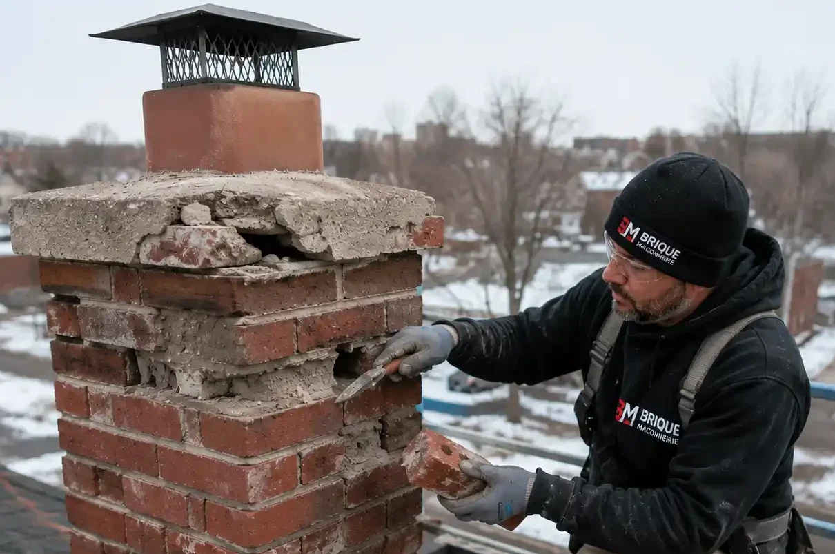 Masonry contractor repairing cracked brick and failing mortar on a Montréal chimney.