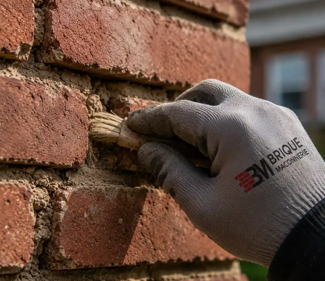 Close-up of cracked and deteriorating mortar joints between exterior bricks.