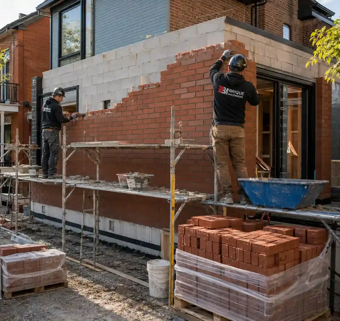 Masons building a new exterior brick wall for a Montréal residential construction project.