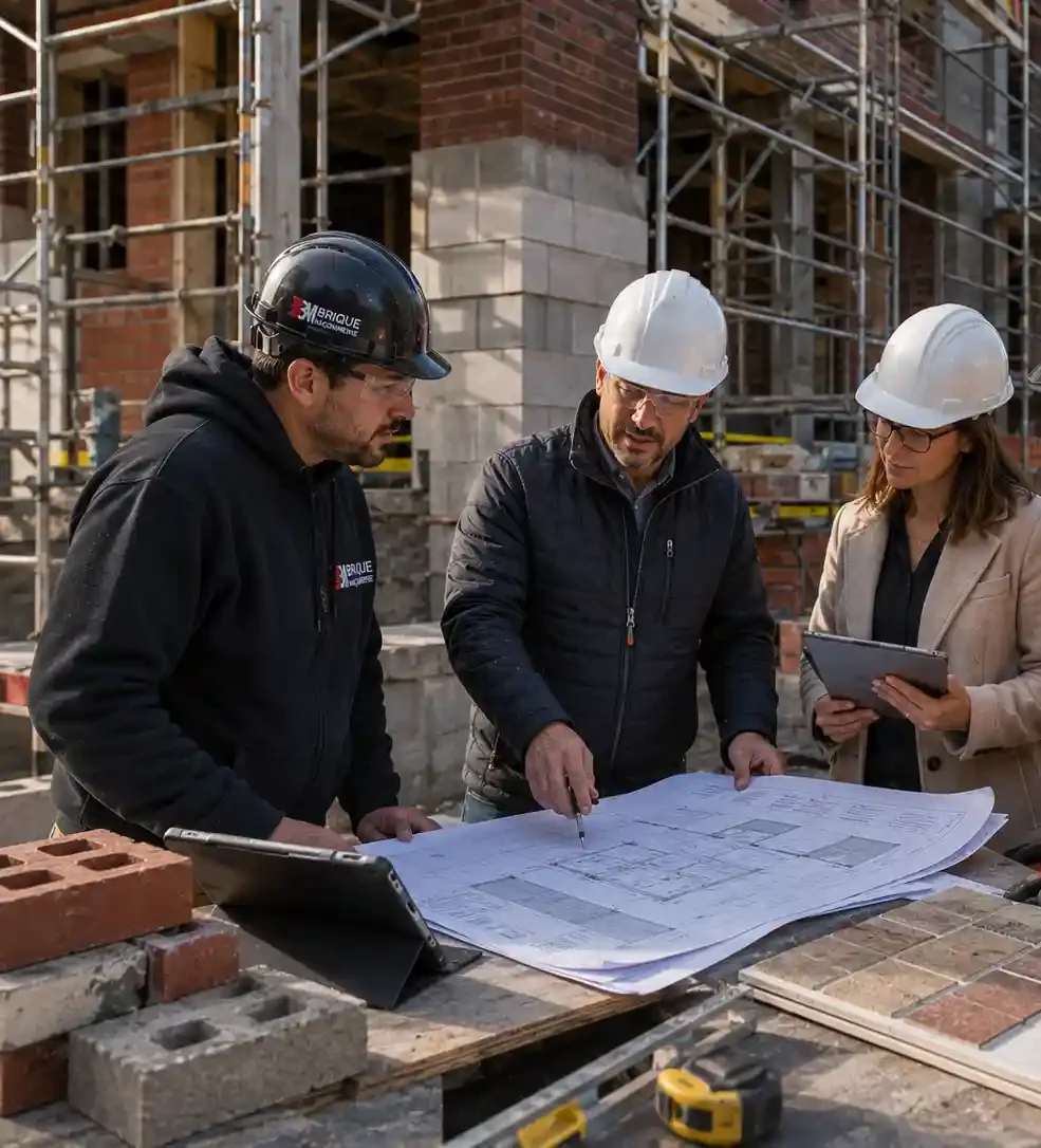 Masonry contractor coordinating brickwork plans with builders and architects on a construction site.