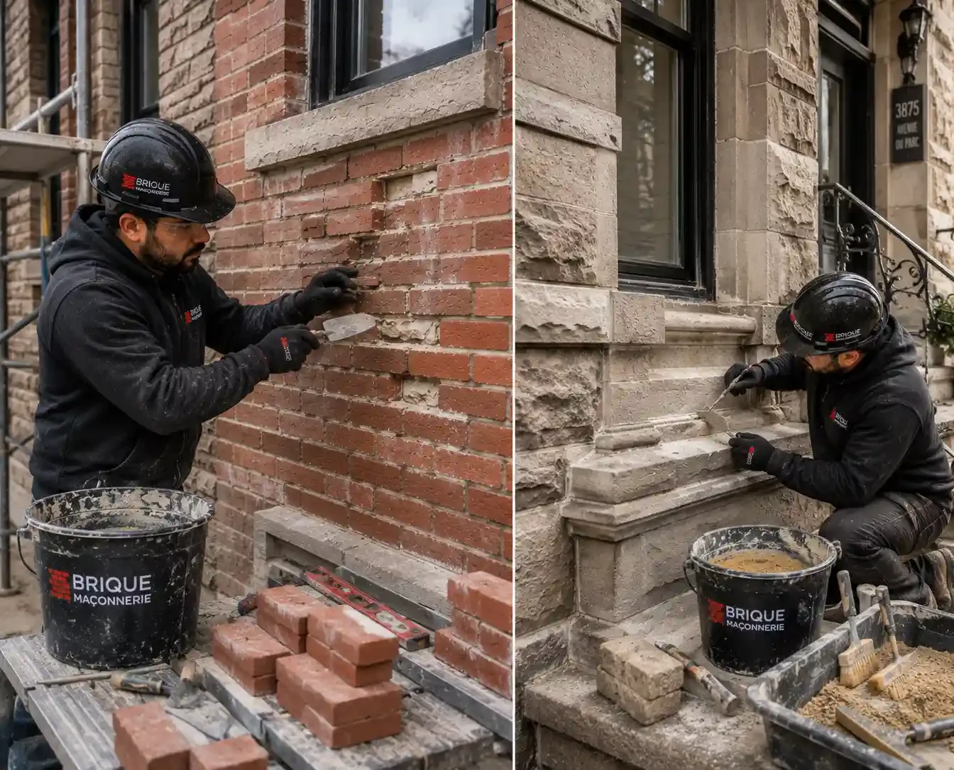Travaux de réparation de brique et de pierre sur un bâtiment résidentiel à Montréal.