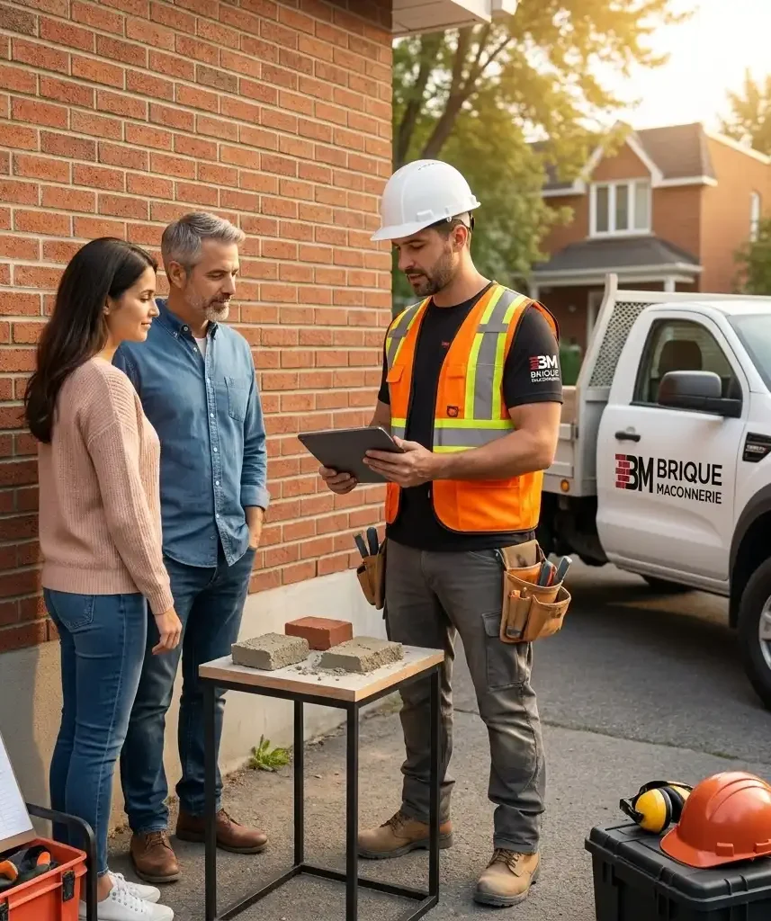Masonry contractor explaining brick pointing repair options to homeowners outside a Montréal property.