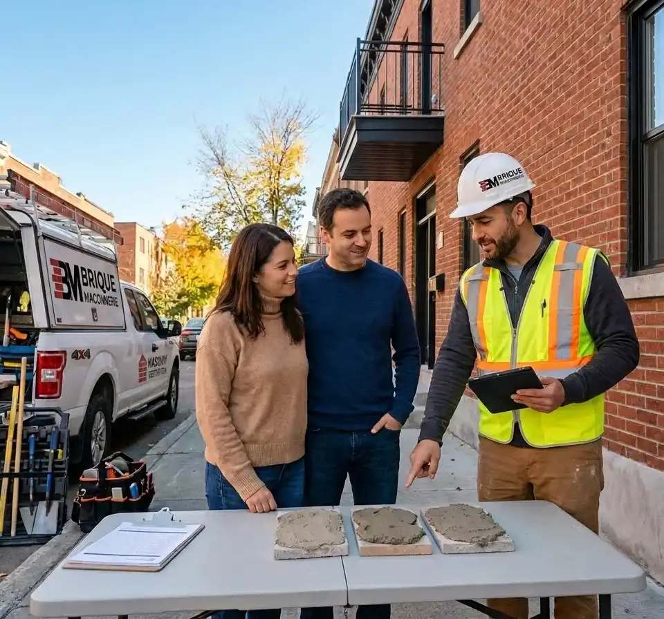 Masonry contractor explaining brick and mortar repair recommendations to homeowners.