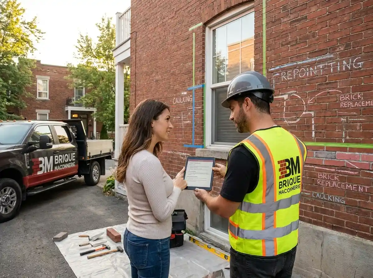 Masonry contractor explaining brick repair recommendations to a Montréal homeowner.