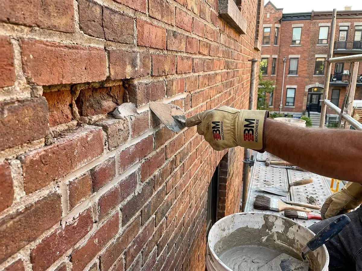 Professional mason repointing damaged mortar joints on a Montréal brick wall.