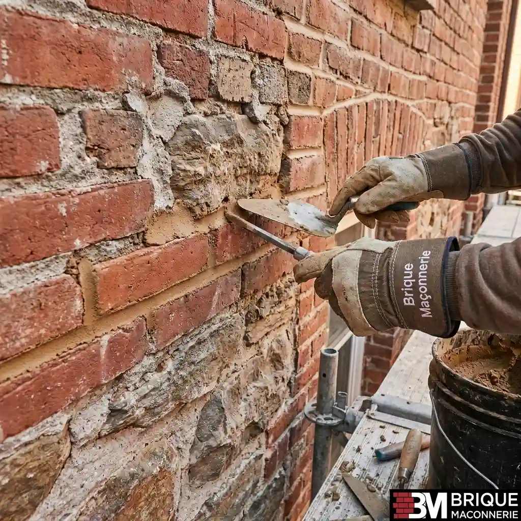 Travaux de rejointoiement de mortier sur un mur en brique et pierre à Montréal.
