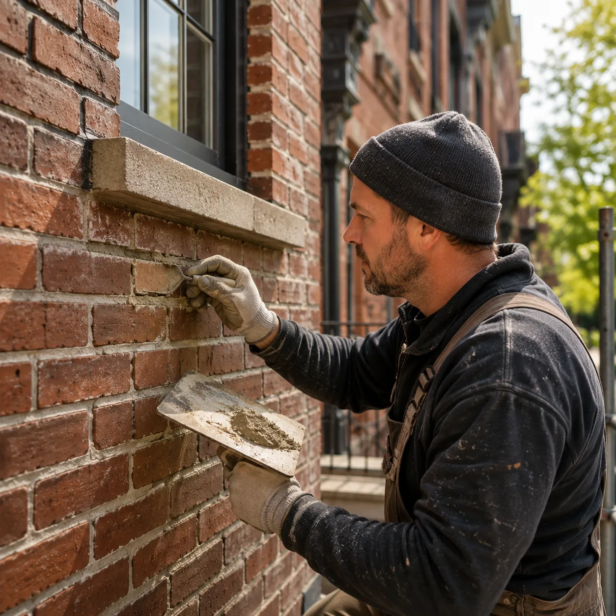 Professional mason carefully repointing deteriorated mortar joints on a traditional brick wall.