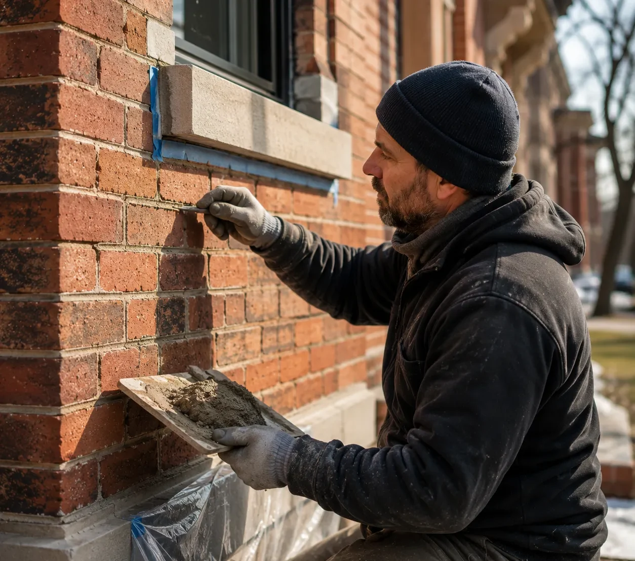 Professional mason repointing deteriorated mortar joints on a traditional Montréal brick wall.